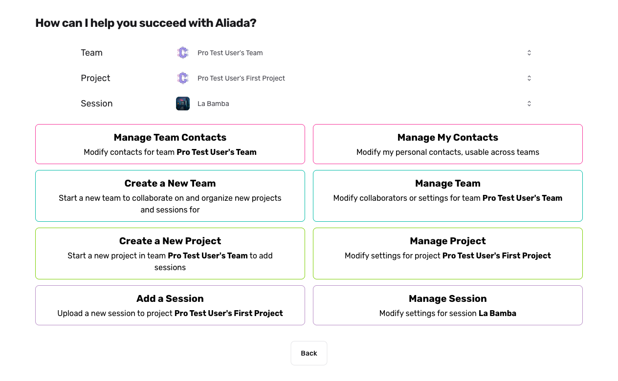 The Aliada create page showing the team, project, and session selector above the action cards