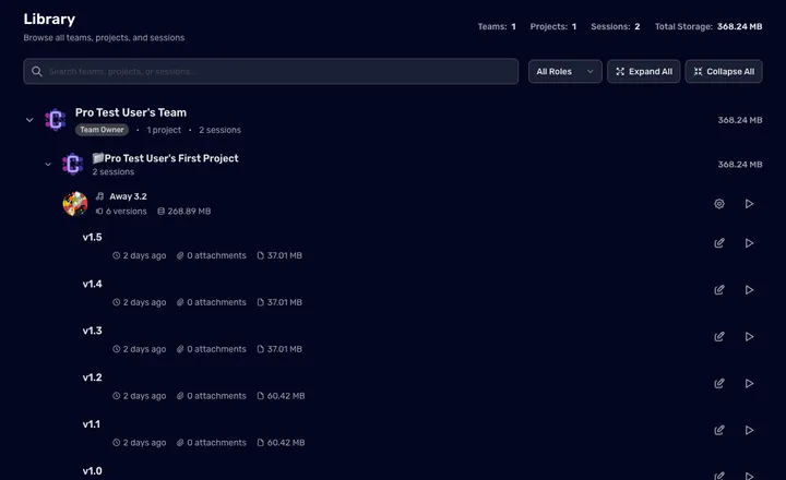 The Aliada Library showing teams, projects, sessions, and versions in an expandable tree