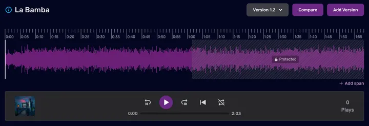 The Aliada session player with waveform, a span, and transport controls