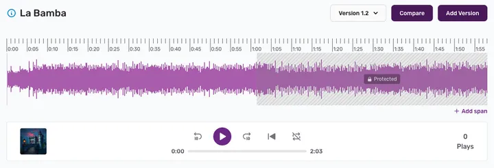 The Aliada session player with waveform, a span, and transport controls