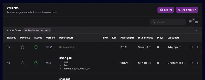 The Versions tab listing each version with status, description, play length, storage, and plays