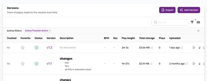 The Versions tab listing each version with status, description, play length, storage, and plays